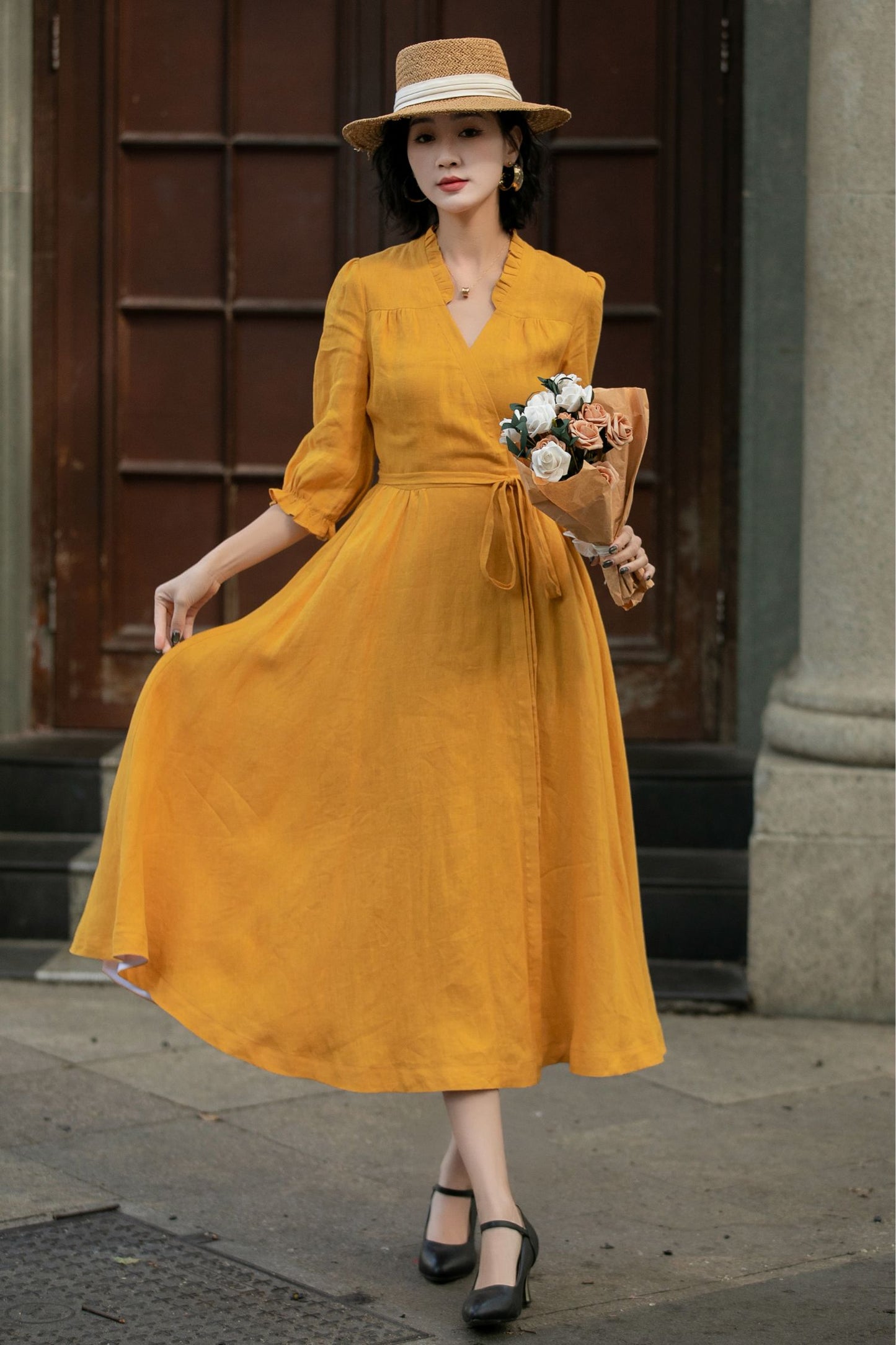 Yellow linen wrap dress with belted 5684