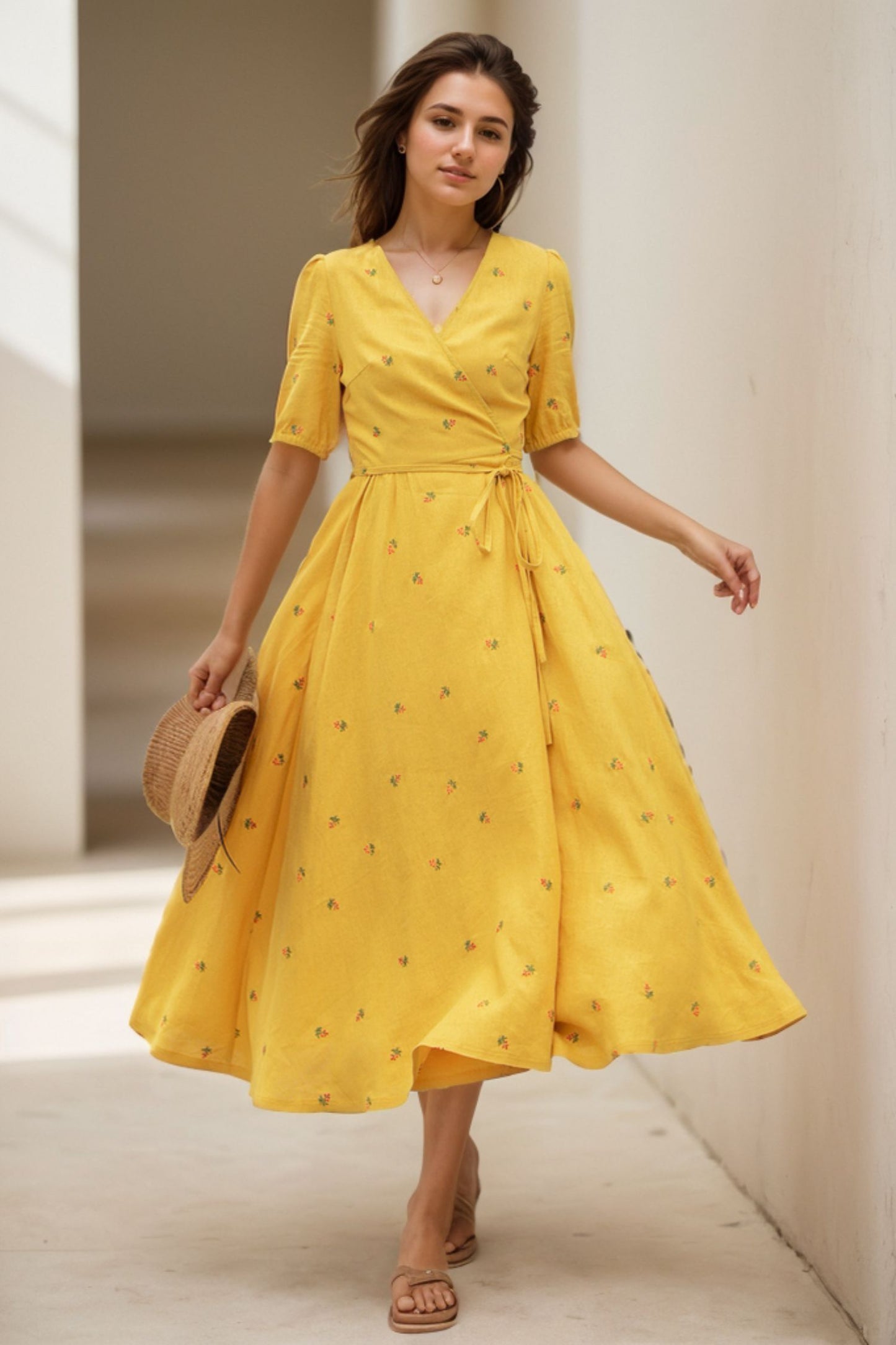 Short sleeve floral Linen midi summer dress 5118