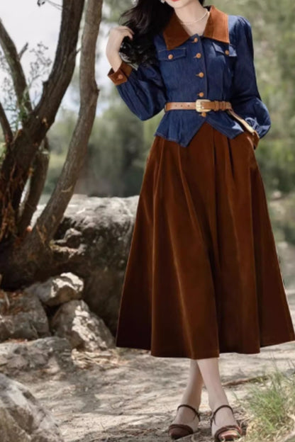 Blue top with brown velvet skirt 5545