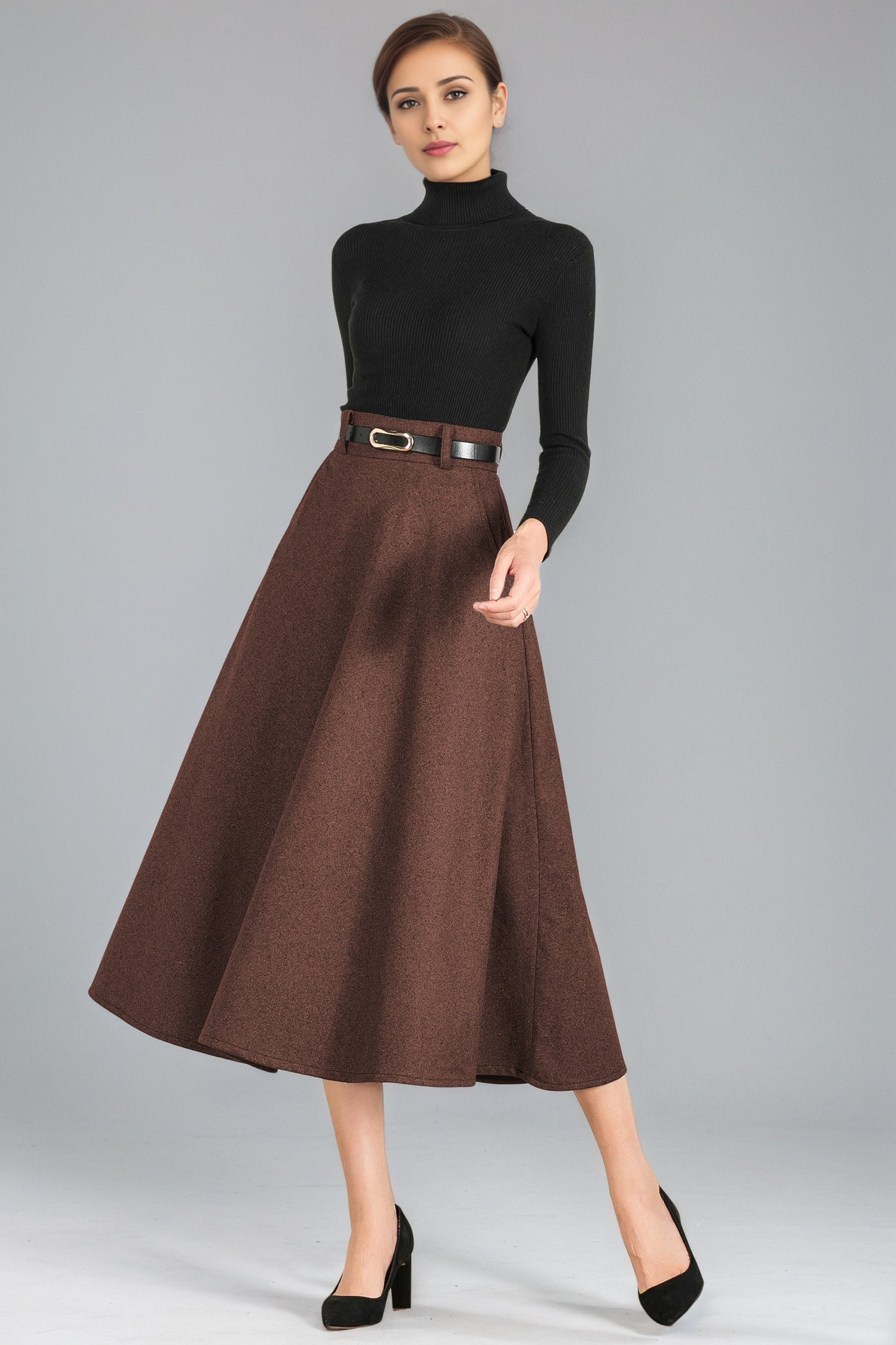 Xiaolizi Handmade Wool Midi Skirt – Vintage High Waist A-Line Winter Skirt 6355