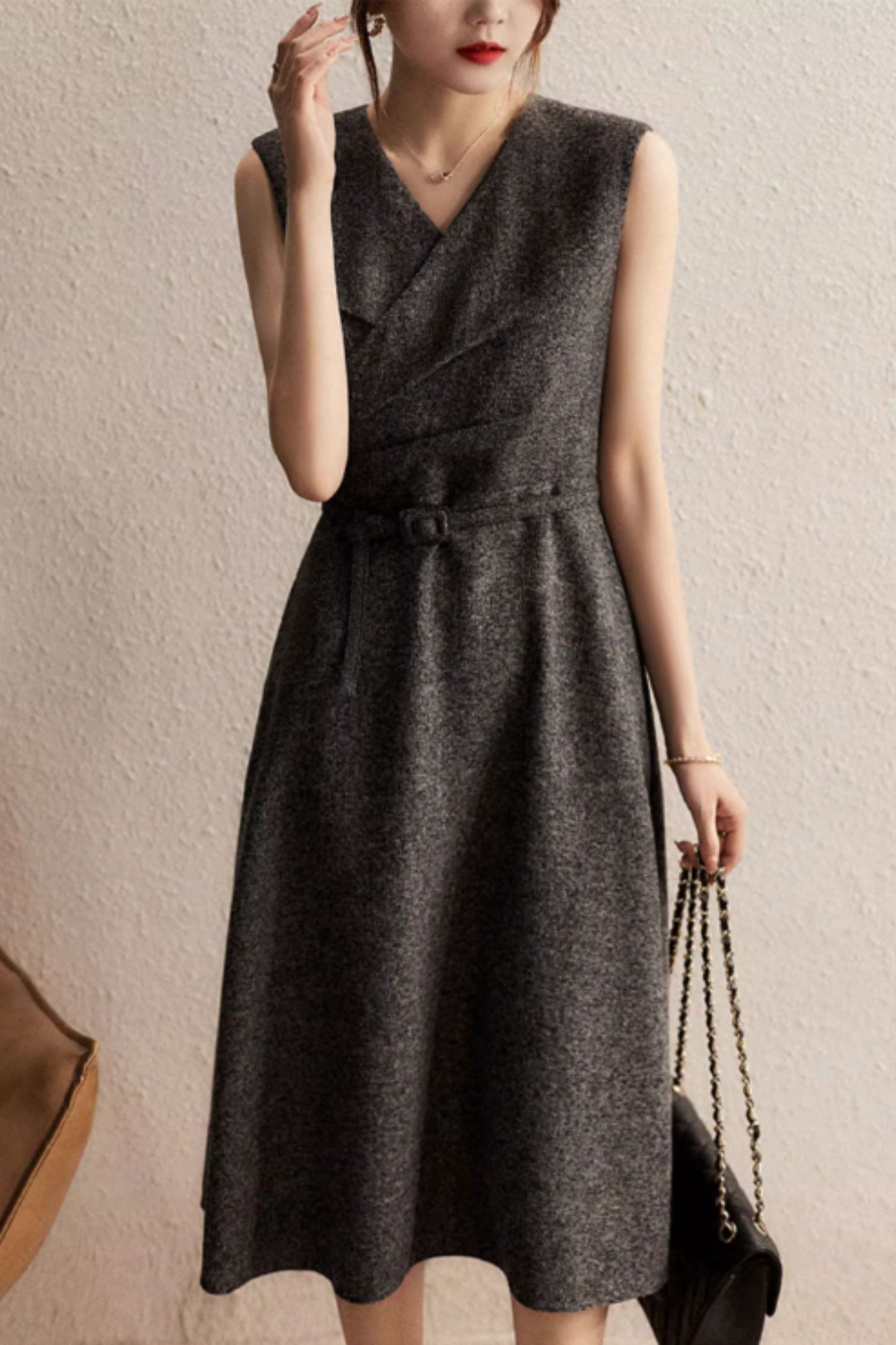 Gray sleeveless winter wool dress women 5277