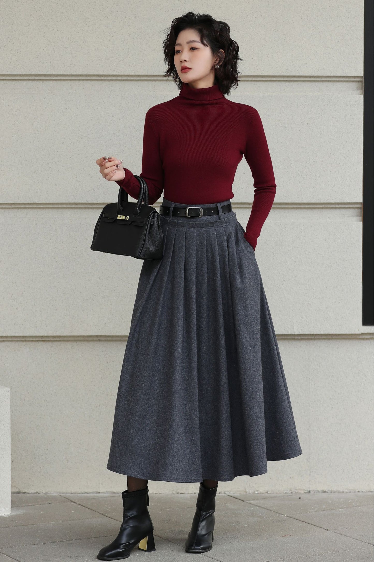 Handmade Vintage Wool Skirt – Gray Pleated A-Line Midi Skirt for Winter 6613