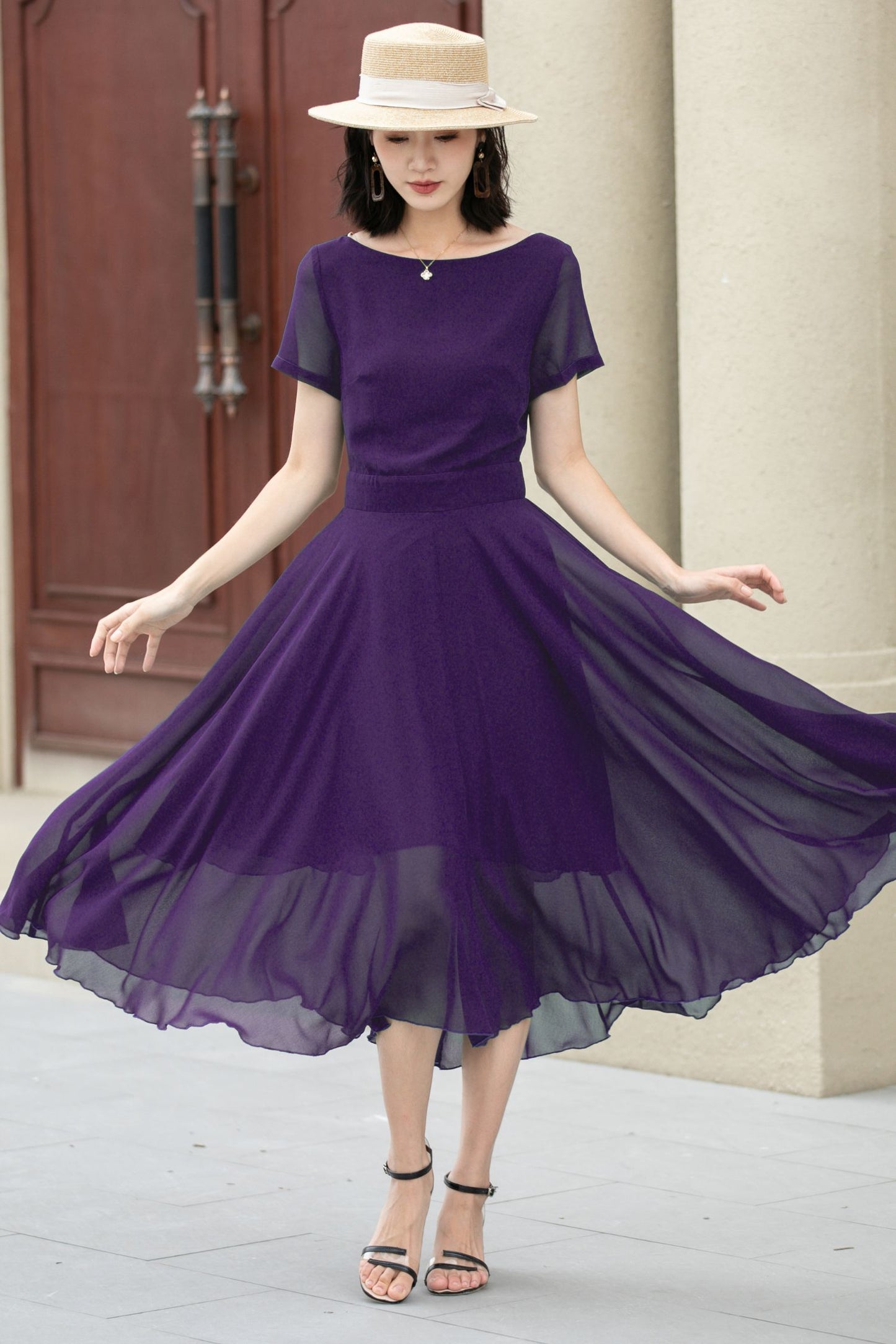 Midi fit and flare summer swing chiffon dress 6106