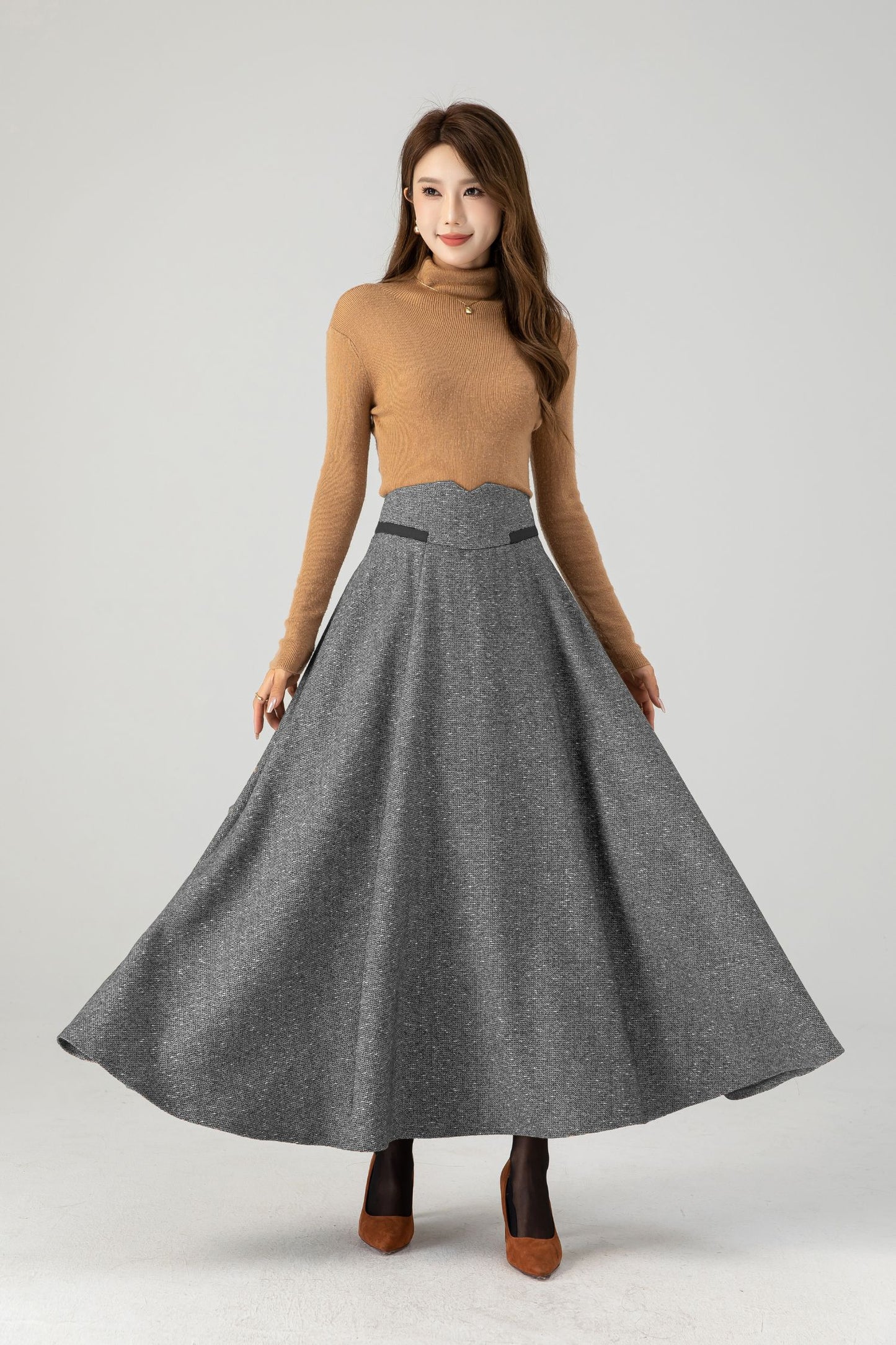 Grey Wool Blend Maxi Skirt With Flared A-Line Shape | Xiaolizi 5388