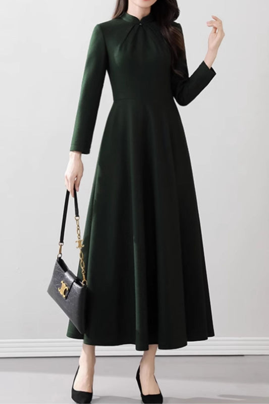 Green long wool dress with mandrain collar 5536