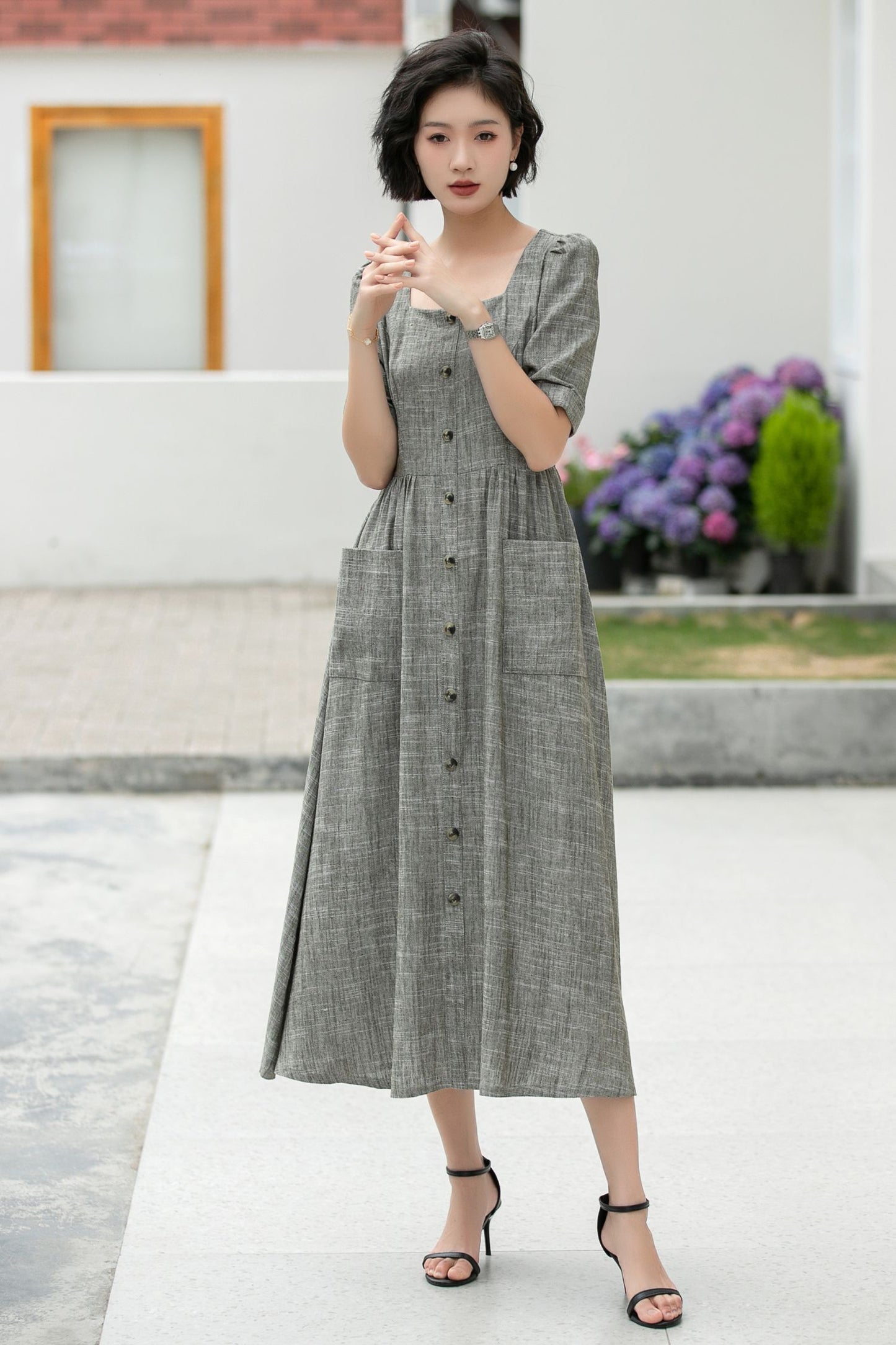 Gray Casual outfit Long Linen dress 5984