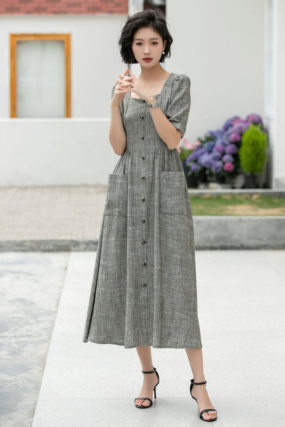 Gray Linen Cotton Midi Dress - Square Neckline with Puff Sleeves 5984