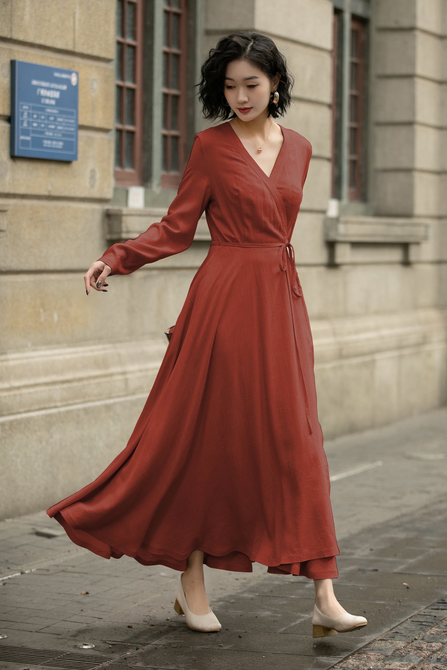 Handmade Linen Cotton Wrap Midi Dress – Vintage Elegant V-Neck Swing Dress 6299