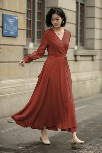 Handmade Linen Cotton Wrap Midi Dress – Vintage Elegant V-Neck Swing Dress 6299