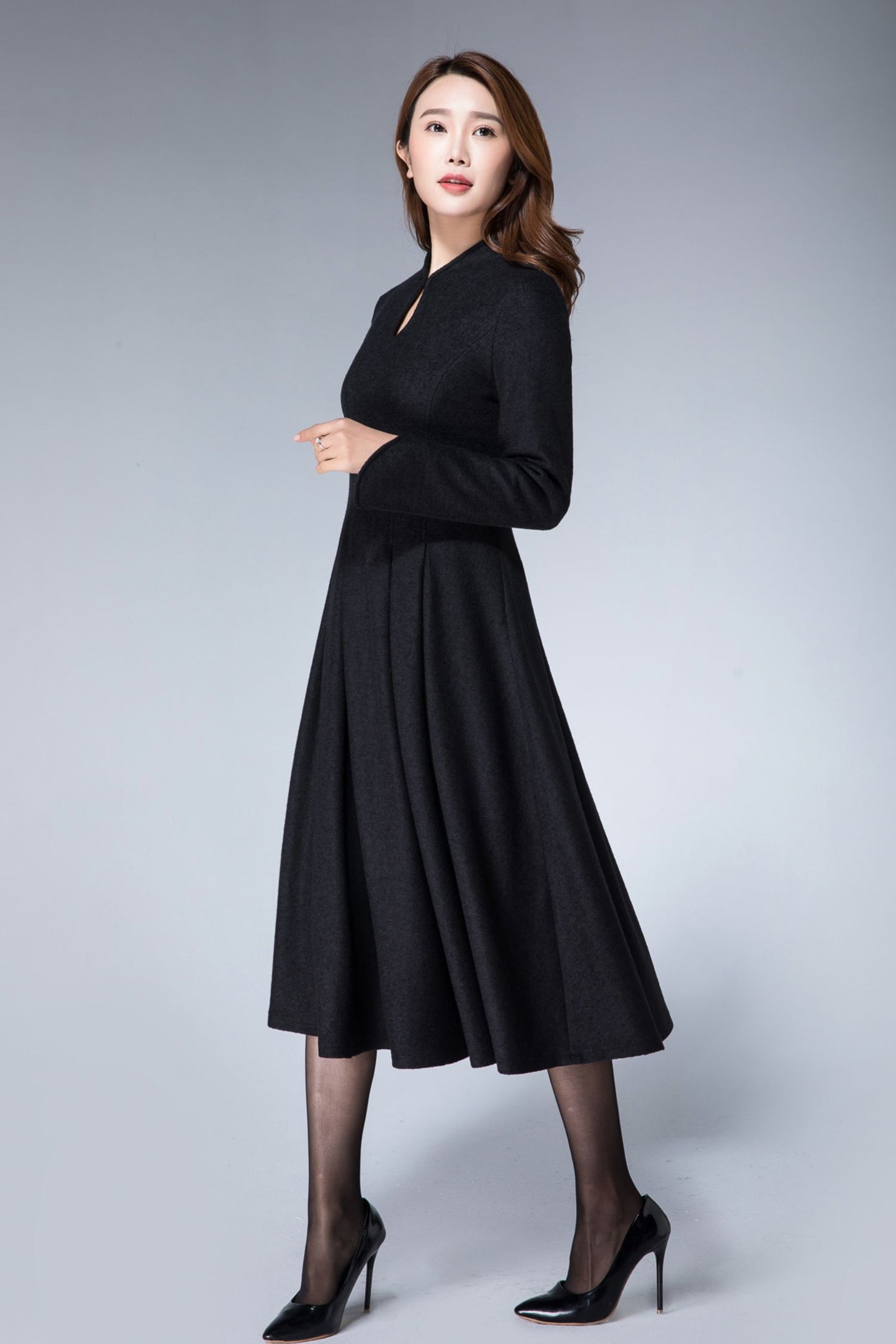 Mandarin collar black winter wool dress women 1872