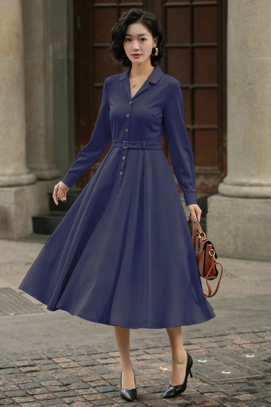 Xiaolizi Linen Shirt Dress – Vintage Belted Swing Midi Dress 6283