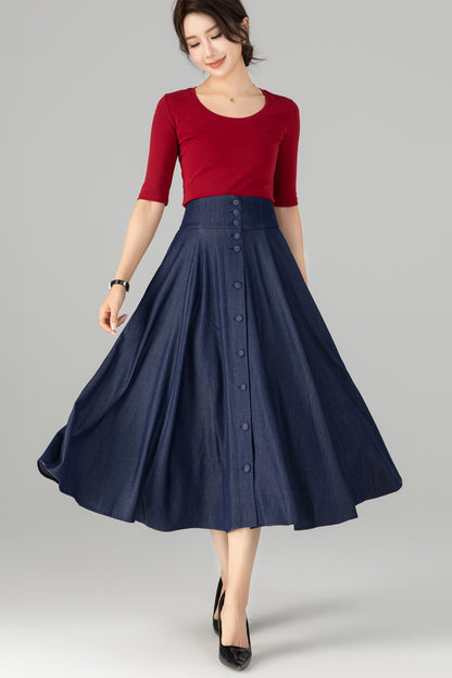 Navy Cotton Denim Midi Skirt - High Waist A-Line Button Front 5713