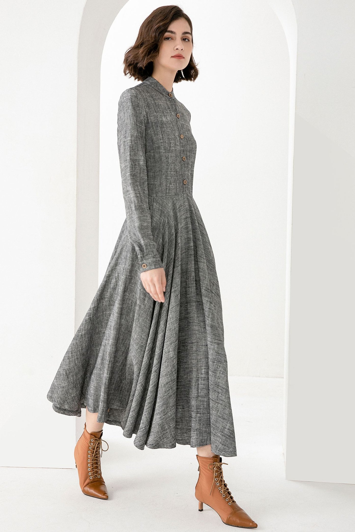 Spring Autumn Long Grey Linen Dress 3831