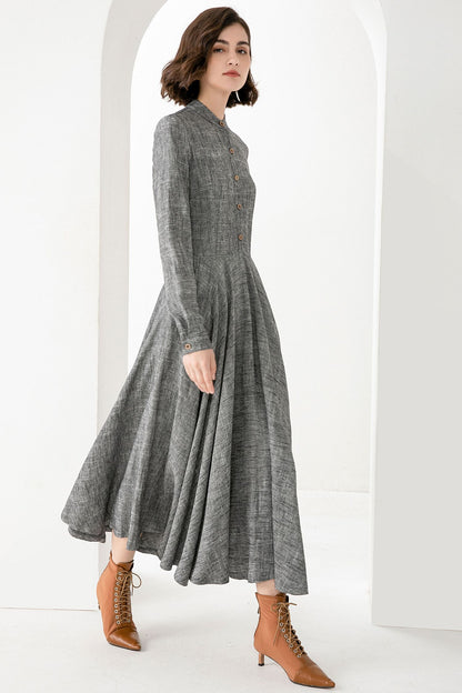 Grey Linen Cotton Maxi Dress - Button Front Relaxed Fit | Xiaolizi 3831