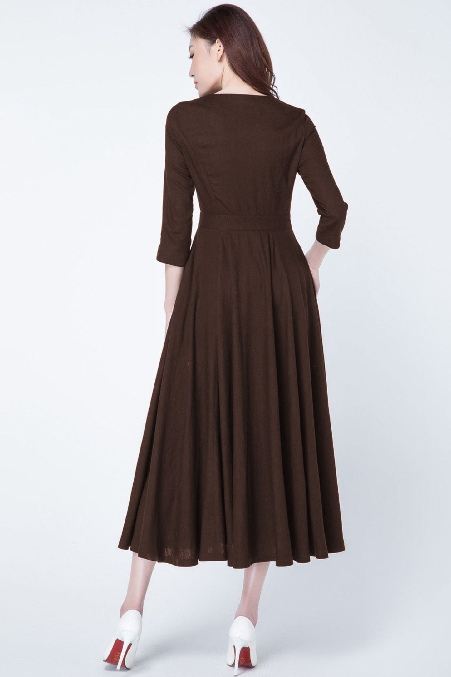Brown Linen Midi Dress - Fit and Flare Silhouette with 3/4 Sleeves 6315
