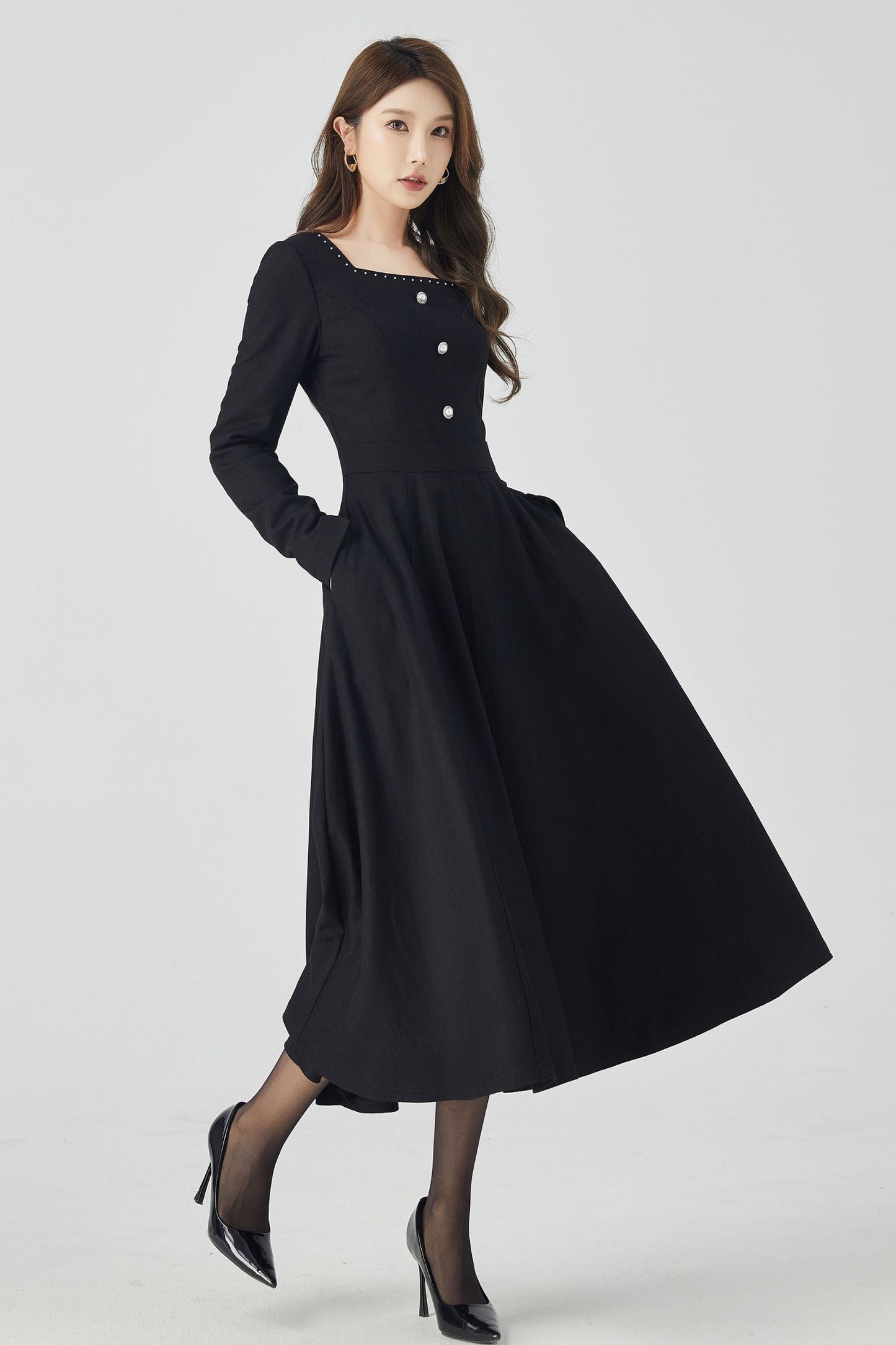 Long sleeves black midi wool dress 4521