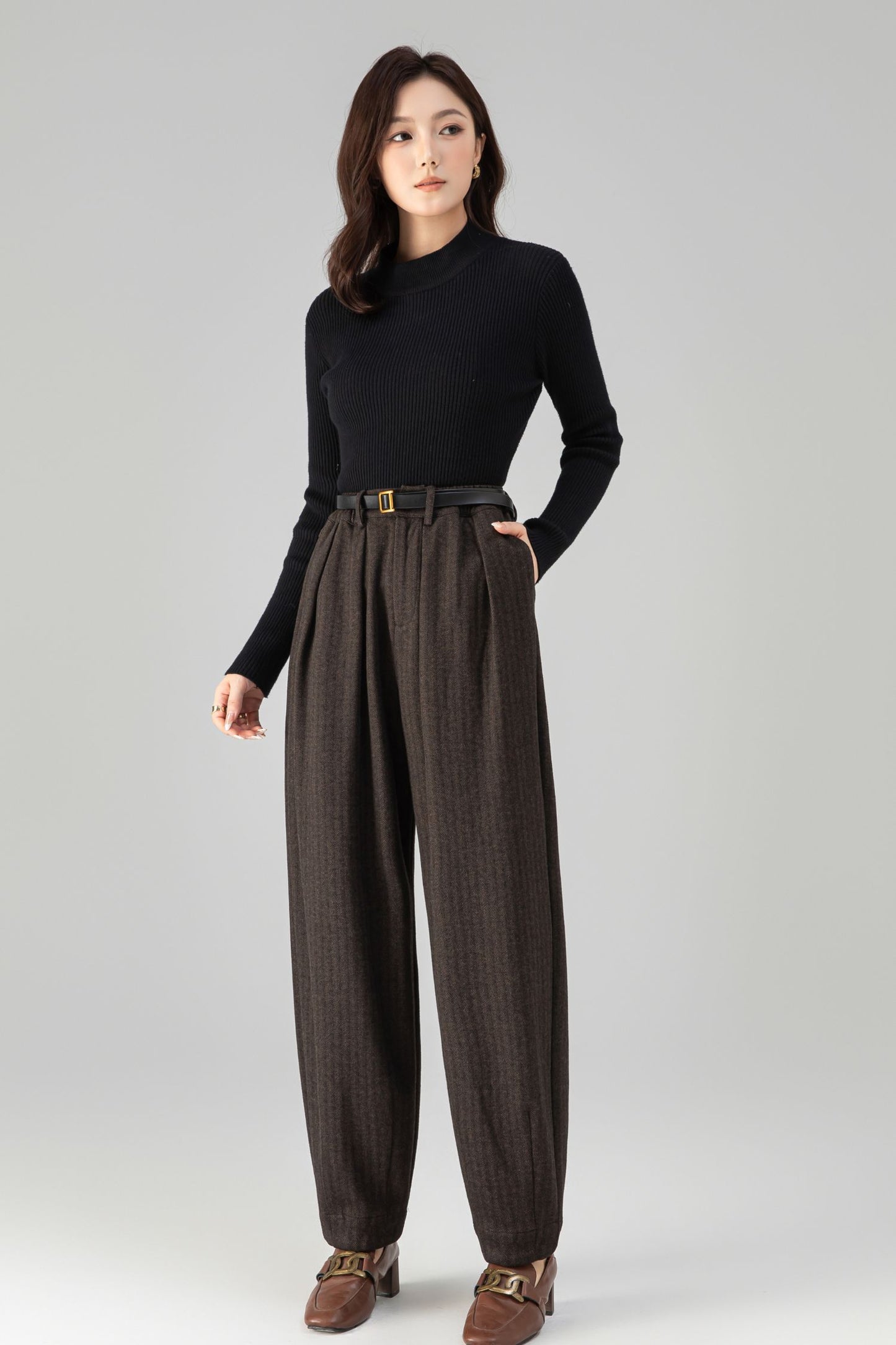 Brown Wool Wide Leg Pants - Loose Fit, Warm Winter Style 6462
