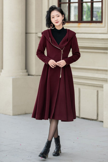 Vintage Hooded Wool Coat – Burgundy Handmade Winter Zip Overcoat 5345