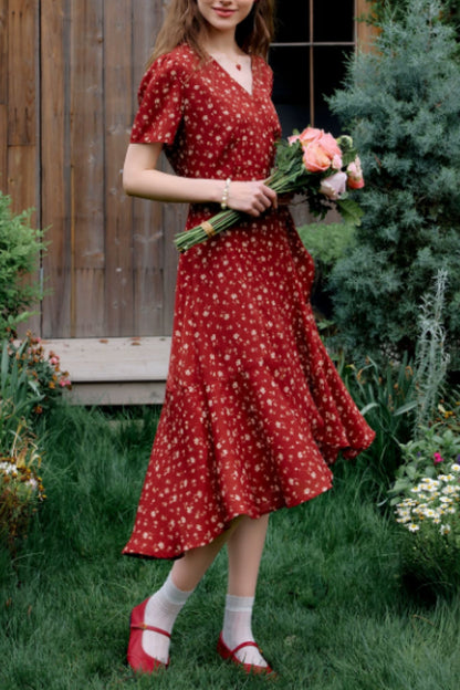 Red Floral Dress with Soft Asymmetrical Hem | Xiaolizi 6825