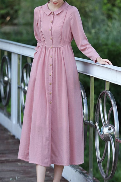 Spring fit and flare pink  linen dress women 4821