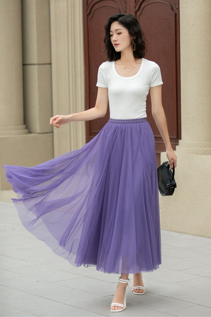 Purple Tulle Midi Skirt - Elastic Waist Boho Circle Swing | Xiaolizi 5111