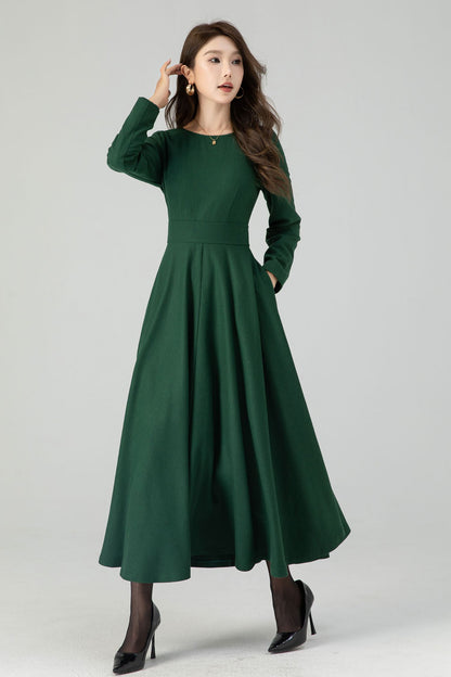 Green Wool Maxi Dress – Women’s Long Sleeve Fit and Flare Winter Dress 4551