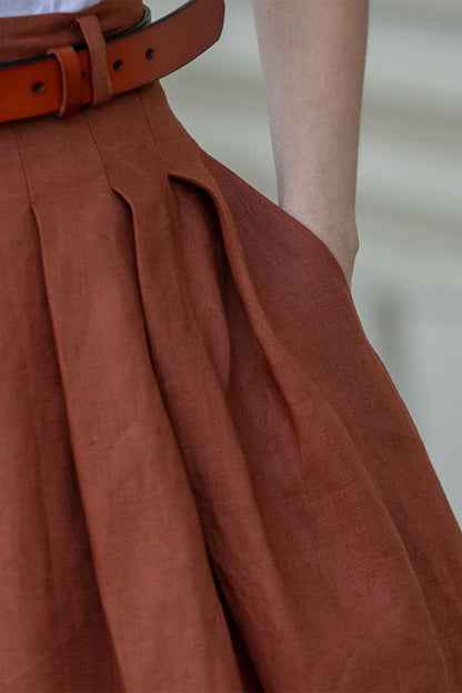 Rust Linen A-Line Midi Skirt - Pleated, Flowy Silhouette 4904