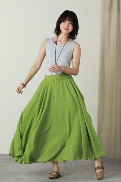 Green summer swing long linen skirt women 6177