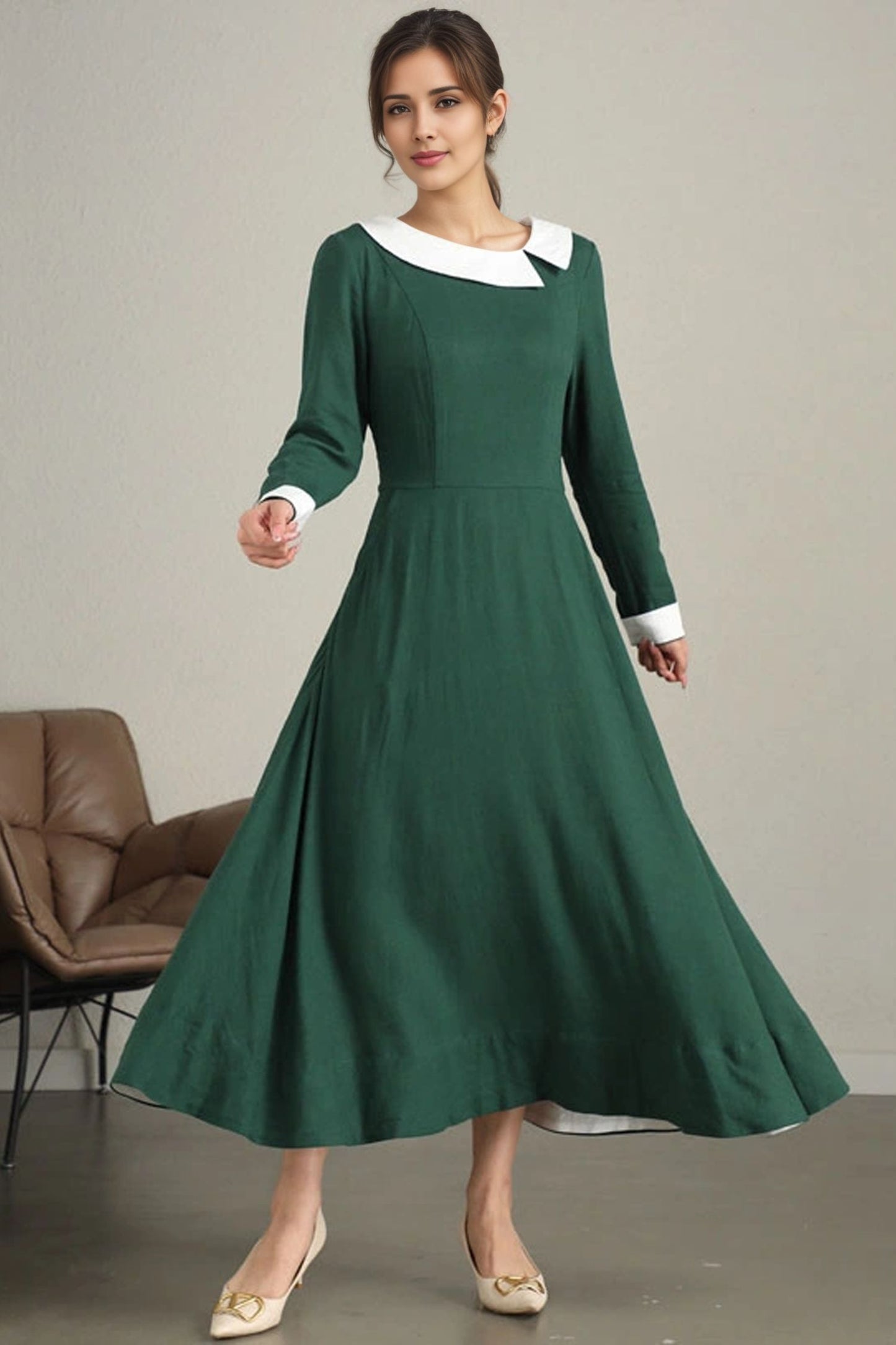 Xiaolizi Handmade Green Linen Maxi Dress – Vintage Long Sleeve A-Line Dress 6341
