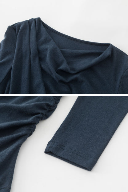 Navy Cotton Knit Long Sleeve Top – Slim Fit Drape Neck Shirt 5699