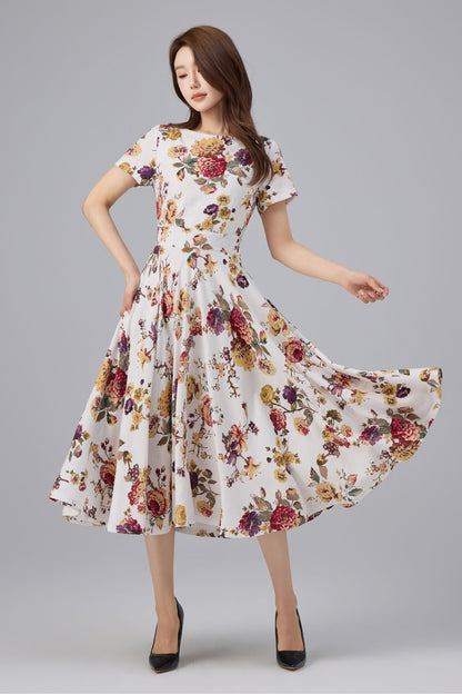 Floral Linen Cotton Midi Dress - Flattering Waist, A-line Swing | Xiaolizi 6762