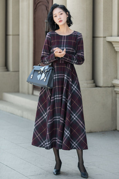 Women’s Wine Red Plaid Wool Midi Dress – Handmade Retro Fit and Flare | Xiaolizi 5308