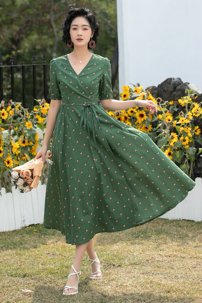 Xiaolizi Green Linen Midi Dress – Vintage Wrap Puff Sleeve Summer Dress 6689 -Size XS #CK2600175