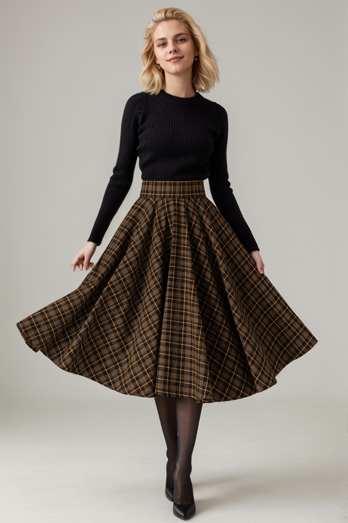 Midi Wool Plaid Swing Winter Skirt 5329