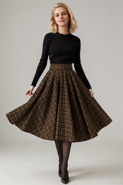 Brown Wool Midi Swing Skirt - High Waist A-Line Plaid 5329