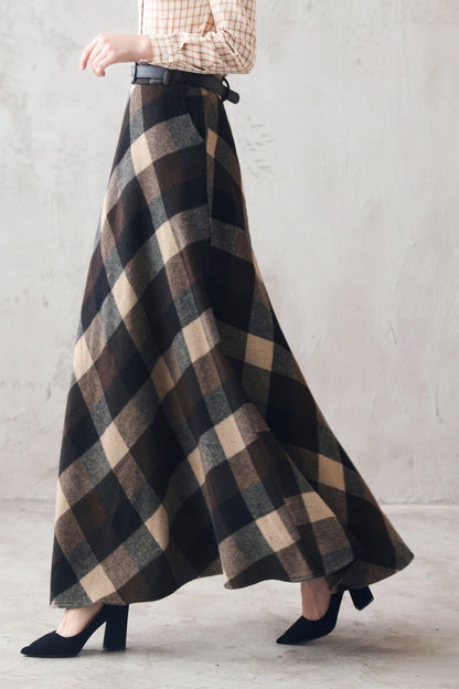 Plaid Wool Maxi Skirt – High Waist Vintage Winter Skirt Handmade 3108