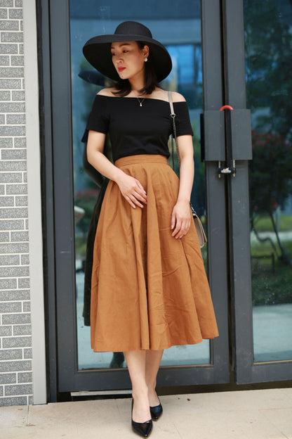 Handmade Camel Linen Midi Skirt – High Waist A-Line Flared Skirt | Xiaolizi 2194