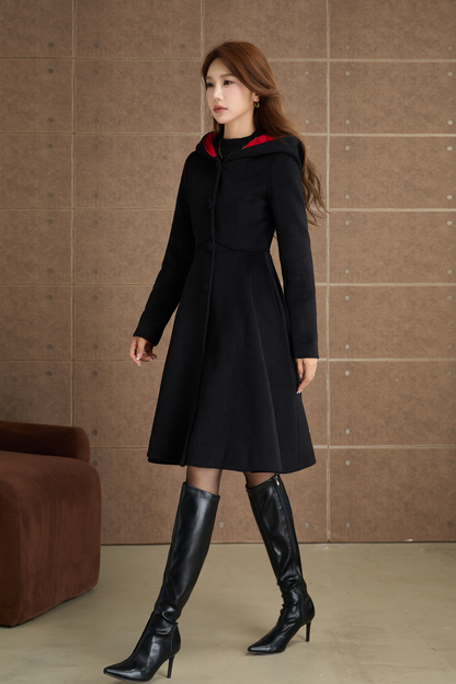 Black hooded winter wool coat  5363