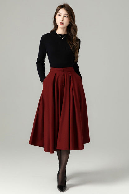 Vintage Wool Blend Midi Skirt – Handmade Pleated Swing with Pockets | Xiaolizi 5230