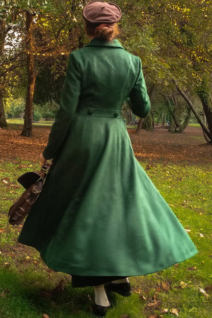 Handmade Dark Green Wool Maxi Coat – Vintage Double Breasted Fit and Flare | Xiaolizi 3221