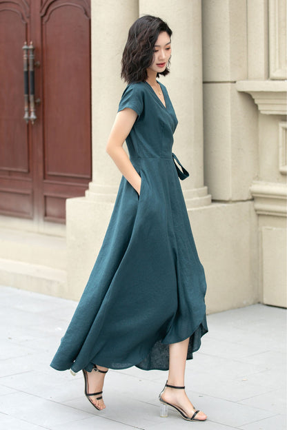 Short sleeve Green Linen Wrap dress 5142