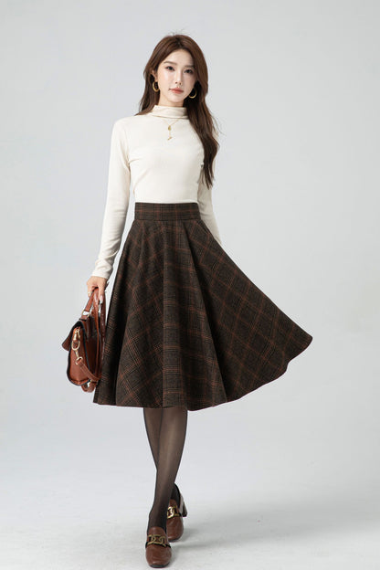 Brown Plaid Wool Midi Skirt – Vintage High Waist Pleated Circle Skirt 5323