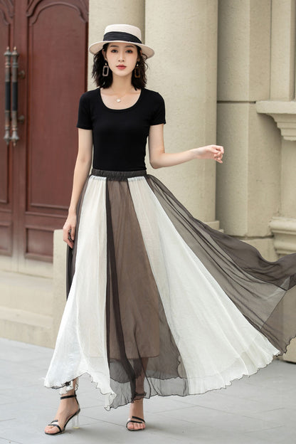 Black and Beige Chiffon Maxi Skirt - Bohemian A-Line Swing 5106
