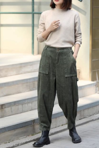 Olive Wool Corduroy Wide Leg Pants - Back Elastic Waist 5593