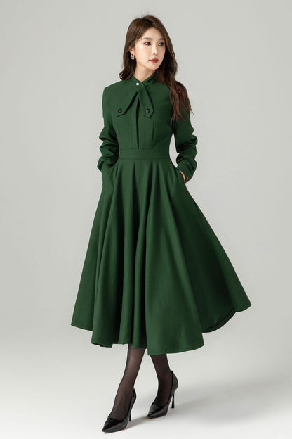 Green Wool Fit & Flare Dress - Vintage A-Line Long Sleeve | Xiaolizi 5273