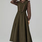 Army Green Wool Pinafore Dress – Vintage Sleeveless Long Winter Dress with Pockets 6394