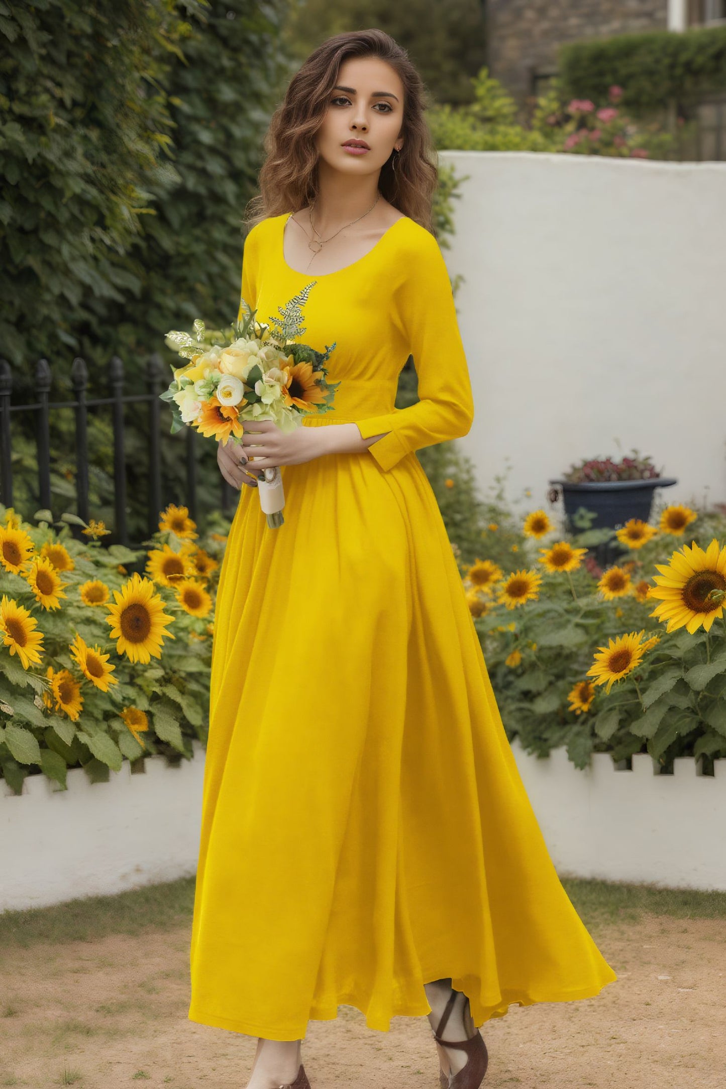 Yellow Linen Blend Dress - Long Sleeve Ankle | Xiaolizi 6719