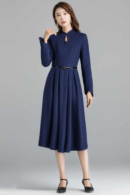 Blue Wool Midi Dress - Mandarin Collar, Pleated A-Line Silhouette 2401