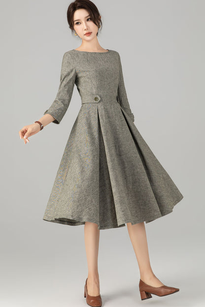 Army Green Linen Cotton Midi Dress - Vintage A-Line Silhouette 5706
