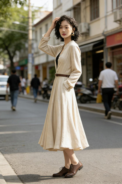 Beige Linen Cotton Midi Dress - Button Front Swing | Xiaolizi 6773